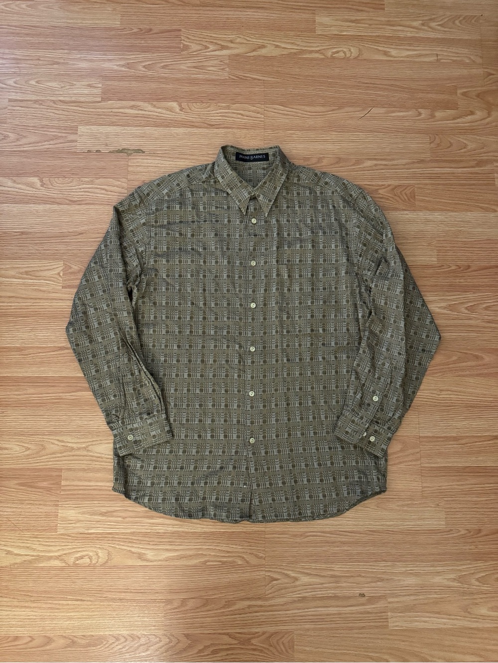 Jhane Barnes Olive Green Patterned Long-Sleeve Button-Down Shirt